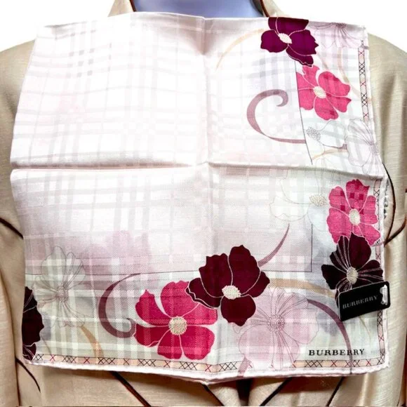 New Beautiful Burberry Scarf/Lg Handerchief silk 23" pink purole floral (33) - Picture 2 of 5